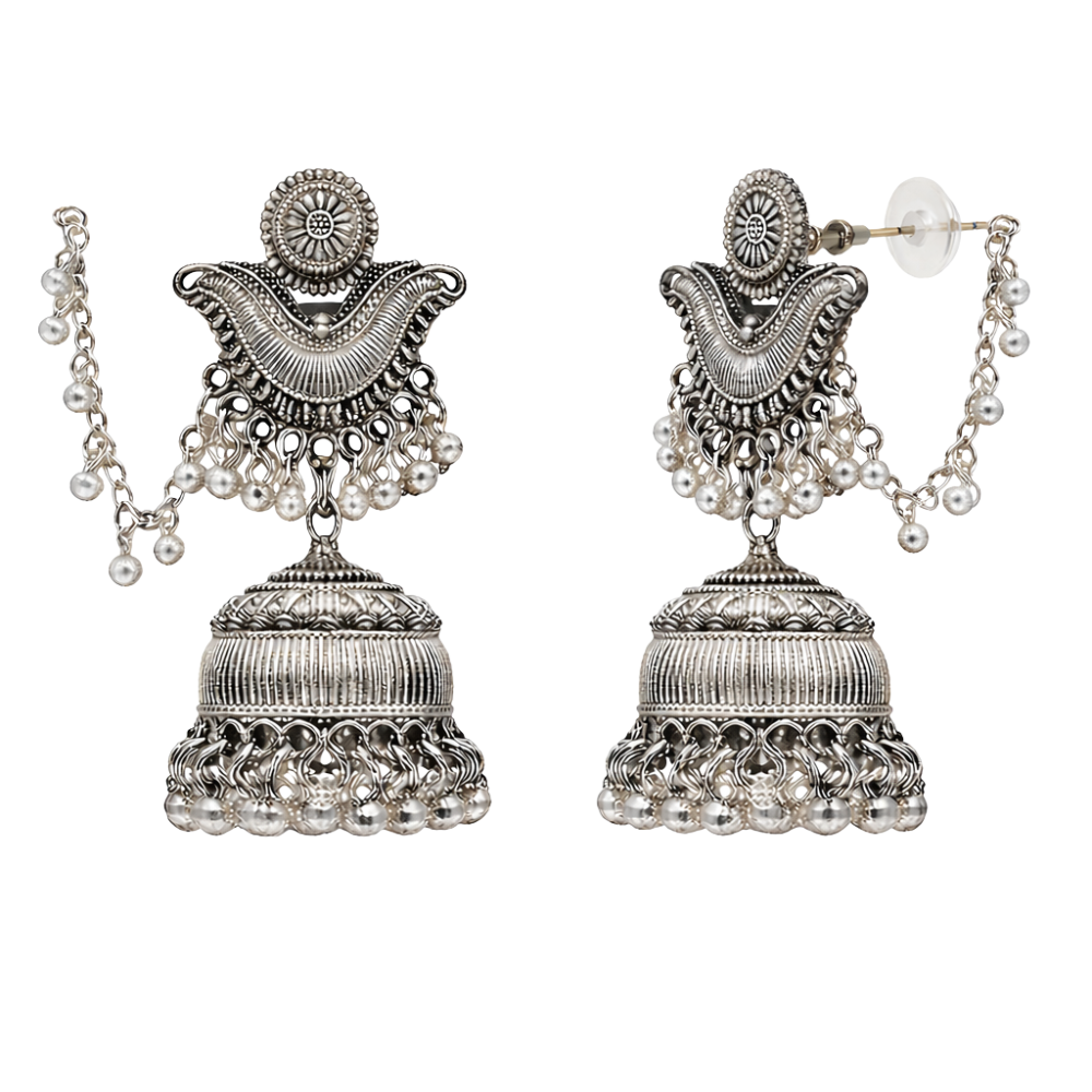 Nirja- Oxidized Jhumka Earrings with Chain