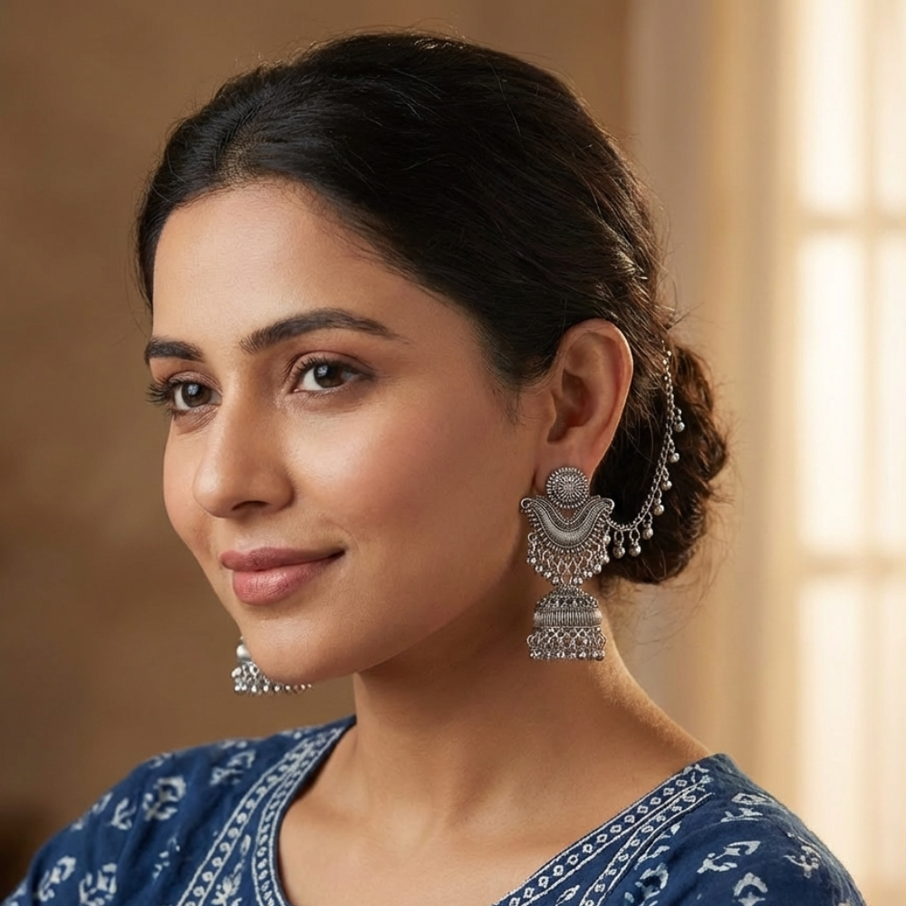 Nirja- Oxidized Jhumka Earrings with Chain