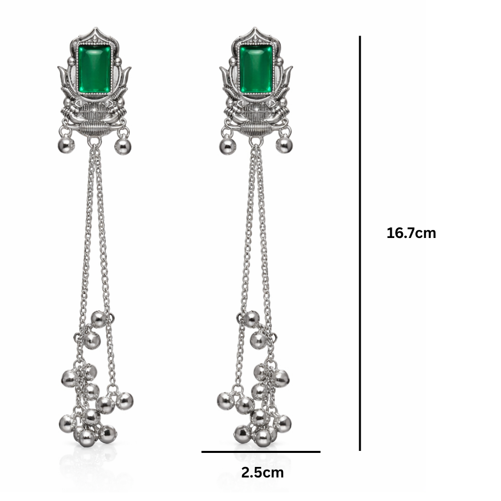 Rishka- Oxidized Long Chain Ghunghroo Earrings with Green Stone