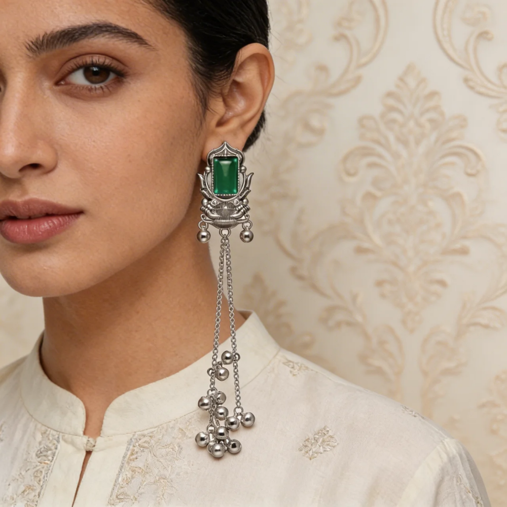Rishka- Oxidized Long Chain Ghunghroo Earrings with Green Stone