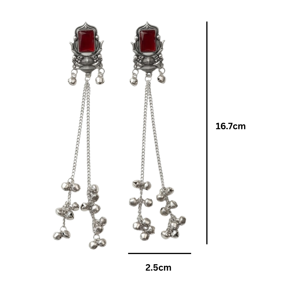 Rishka- Oxidized Long Chain Ghunghroo Earrings with Maroon Stone