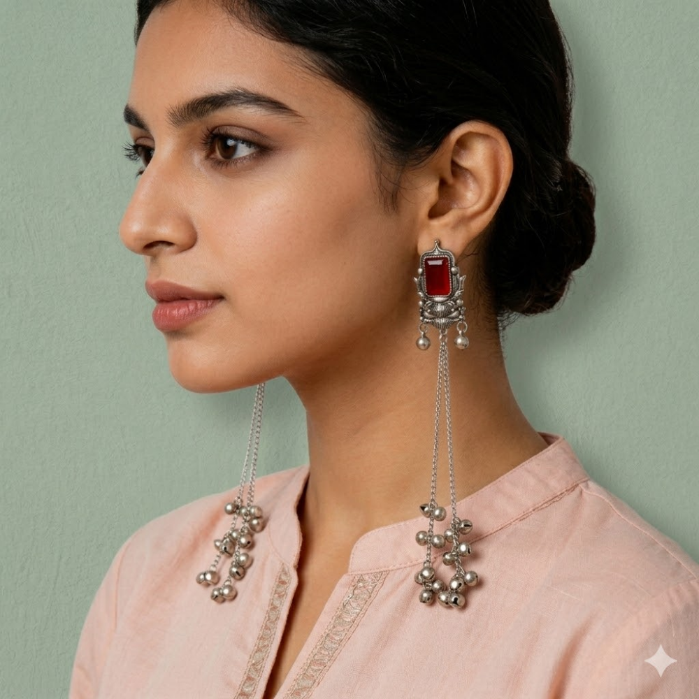 Rishka- Oxidized Long Chain Ghunghroo Earrings with Maroon Stone