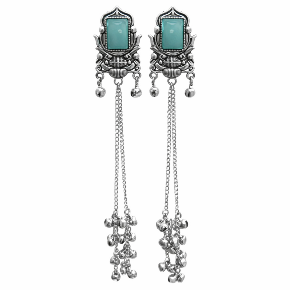 Rishka- Oxidized Long Chain Ghunghroo Earrings with Sky Blue Stone