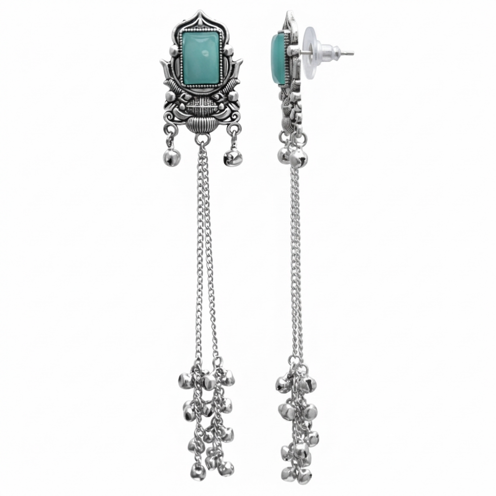 Rishka- Oxidized Long Chain Ghunghroo Earrings with Sky Blue Stone