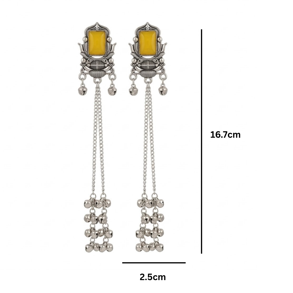 Rishka- Oxidized Long Chain Ghunghroo Earrings with Yellow Stone