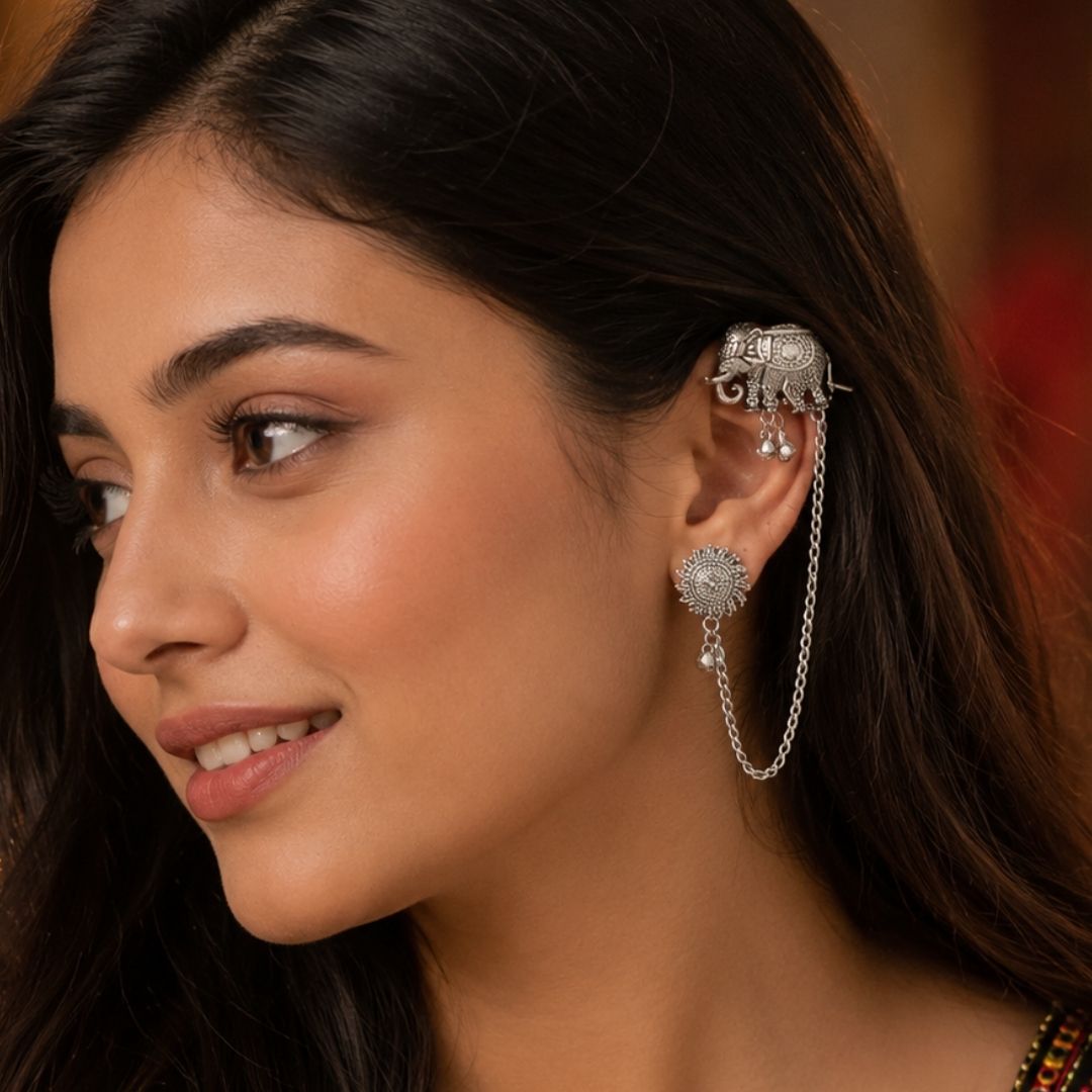 Morya- Oxidized Elephant Ear Cuff Earrings with Chain