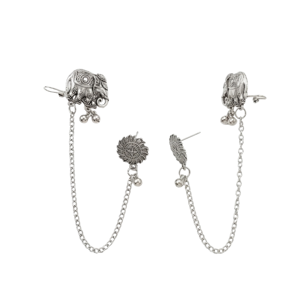Morya- Oxidized Elephant Ear Cuff Earrings with Chain