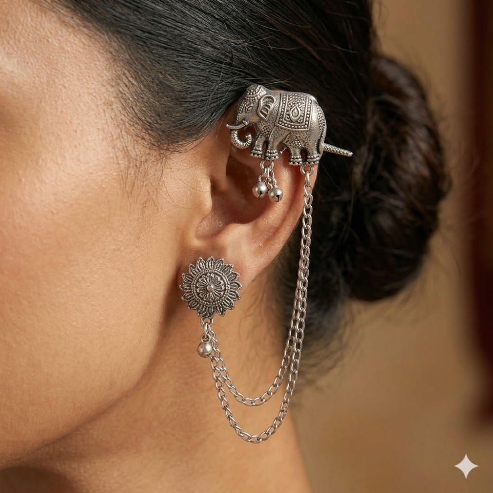 Morya- Oxidized Elephant Ear Cuff Earrings with Chain