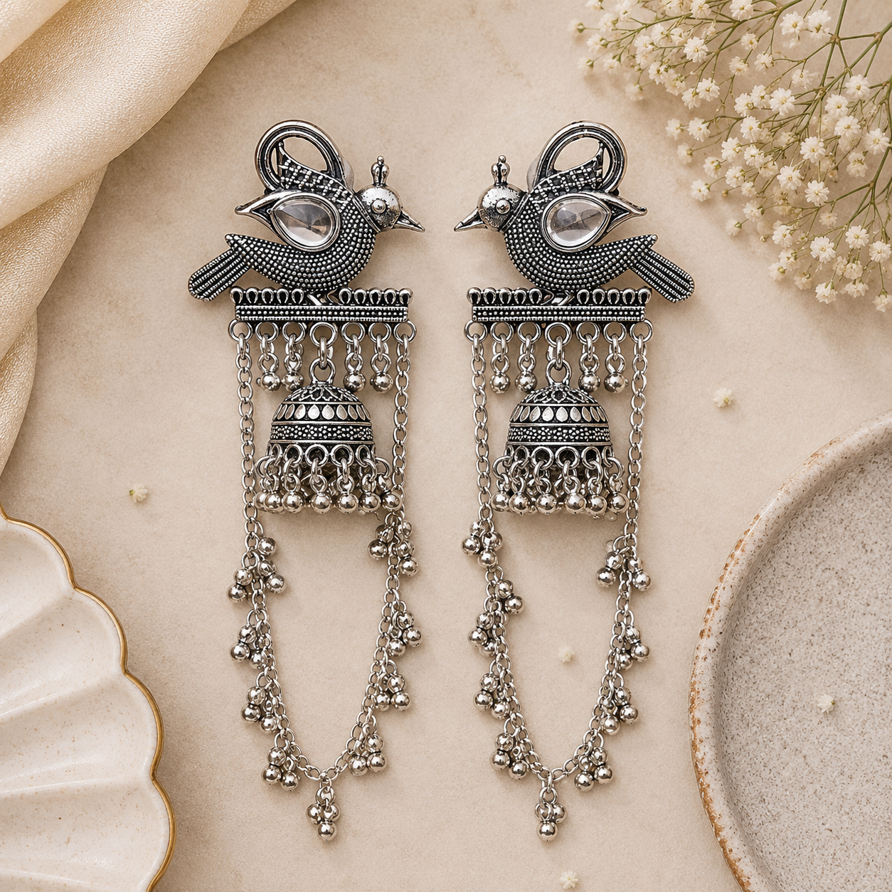 Jashvi- Oxidized Bird Jhumka Earrings with Chain