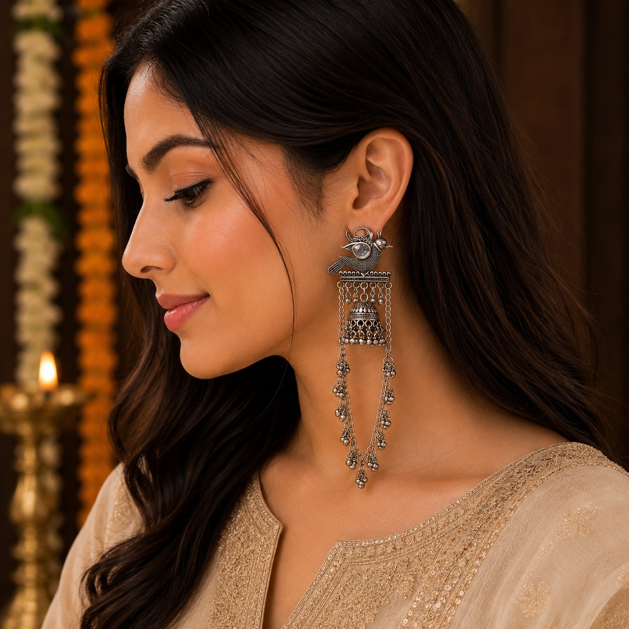Jashvi- Oxidized Bird Jhumka Earrings with Chain