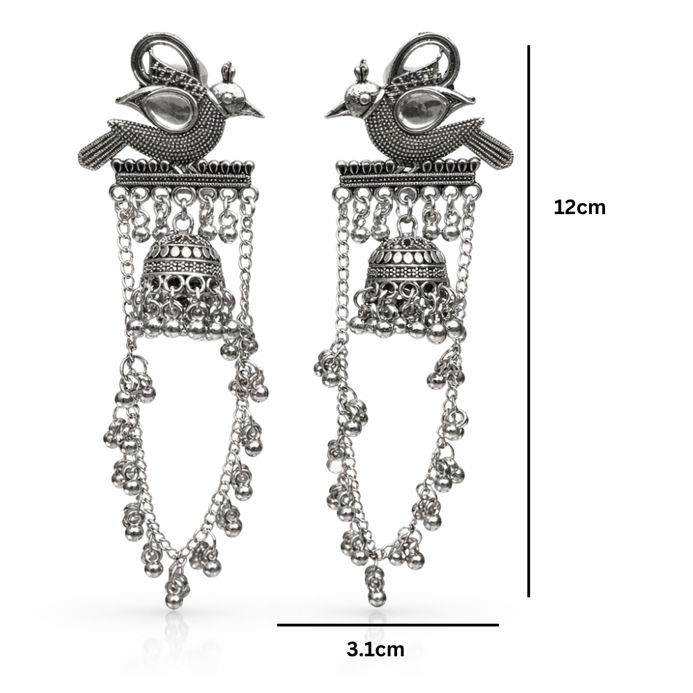 Jashvi- Oxidized Bird Jhumka Earrings with Chain
