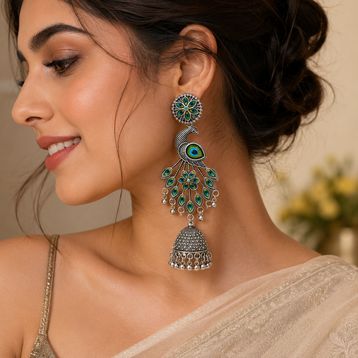 Anuradha- Oxidized Peacock Jhumka Earrings