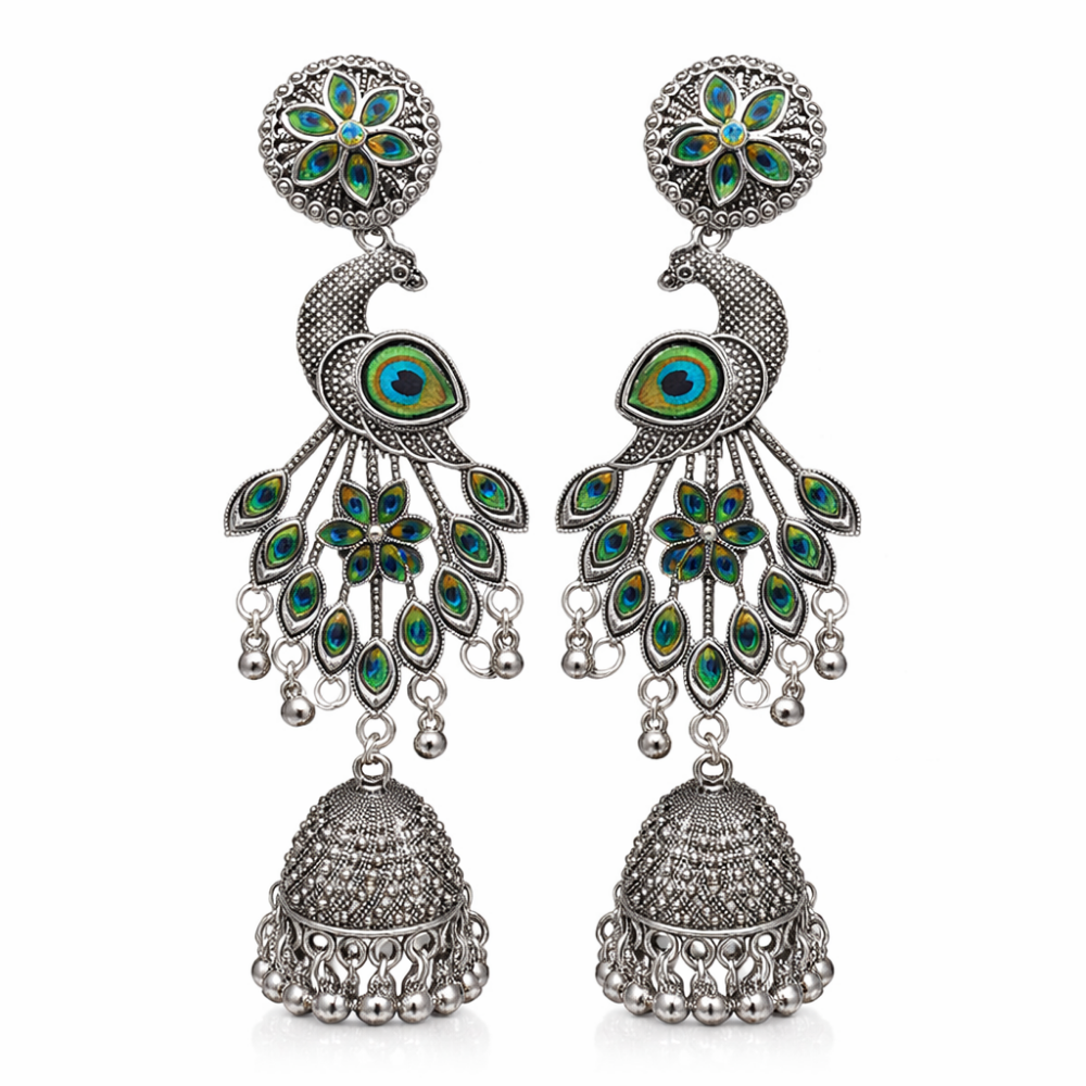 Anuradha- Oxidized Peacock Jhumka Earrings