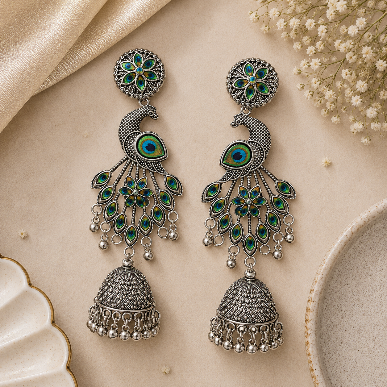 Anuradha- Oxidized Peacock Jhumka Earrings