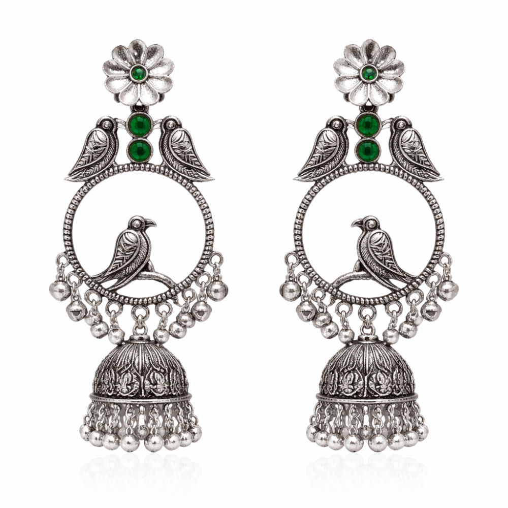 Anukriti- Oxidised Bird Motif Jhumka Earrings with Green Stone
