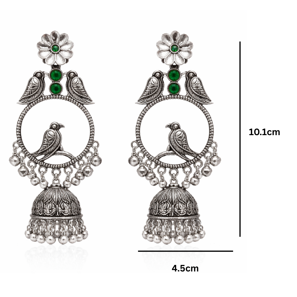 Anukriti- Oxidised Bird Motif Jhumka Earrings with Green Stone