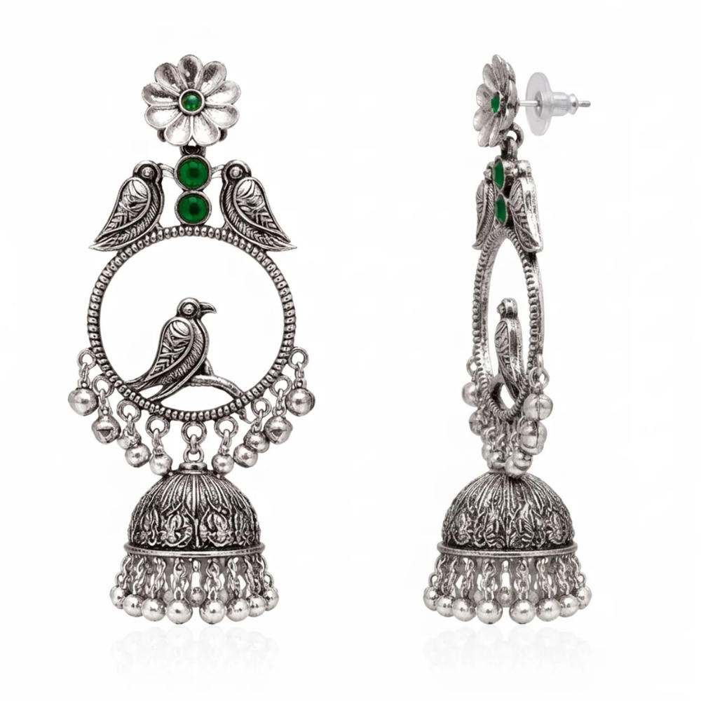 Anukriti- Oxidised Bird Motif Jhumka Earrings with Green Stone