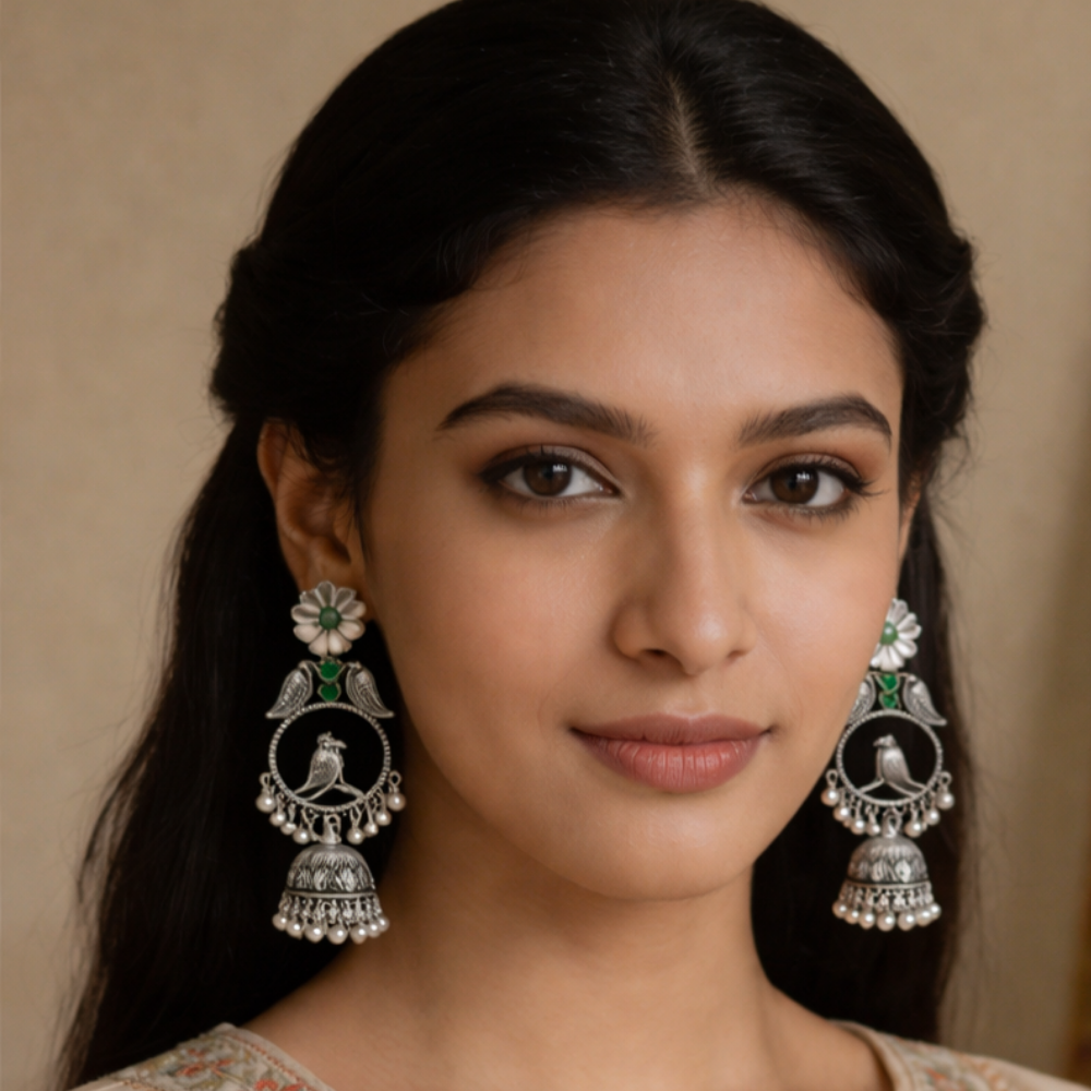 Anukriti- Oxidised Bird Motif Jhumka Earrings with Green Stone