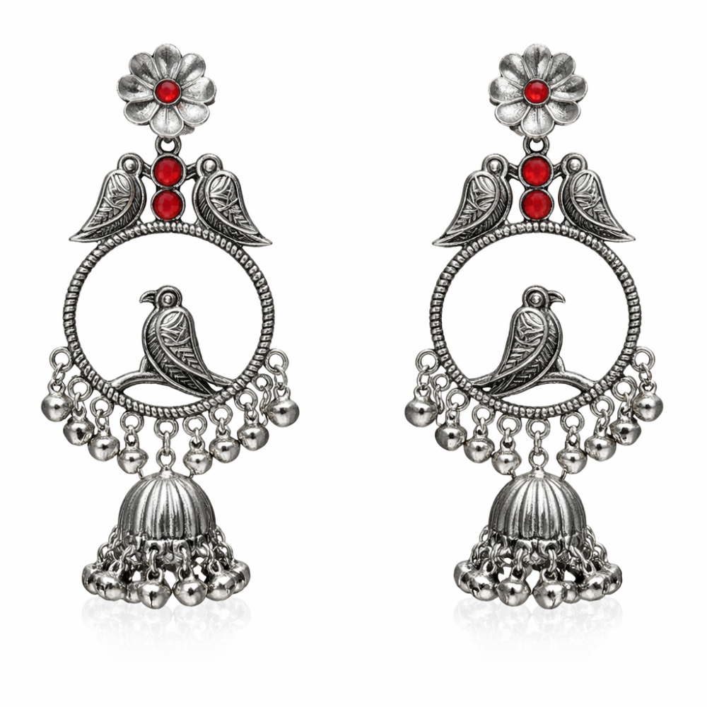 Anukriti- Oxidised Bird Motif Jhumka Earrings with Red Stone