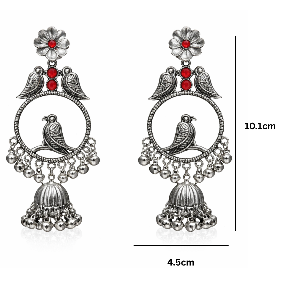 Anukriti- Oxidised Bird Motif Jhumka Earrings with Red Stone