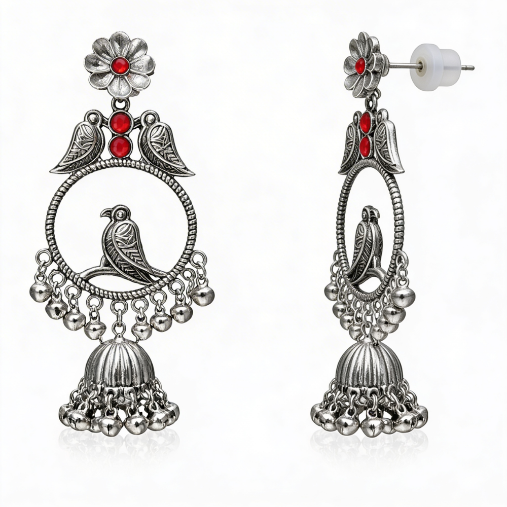 Anukriti- Oxidised Bird Motif Jhumka Earrings with Red Stone