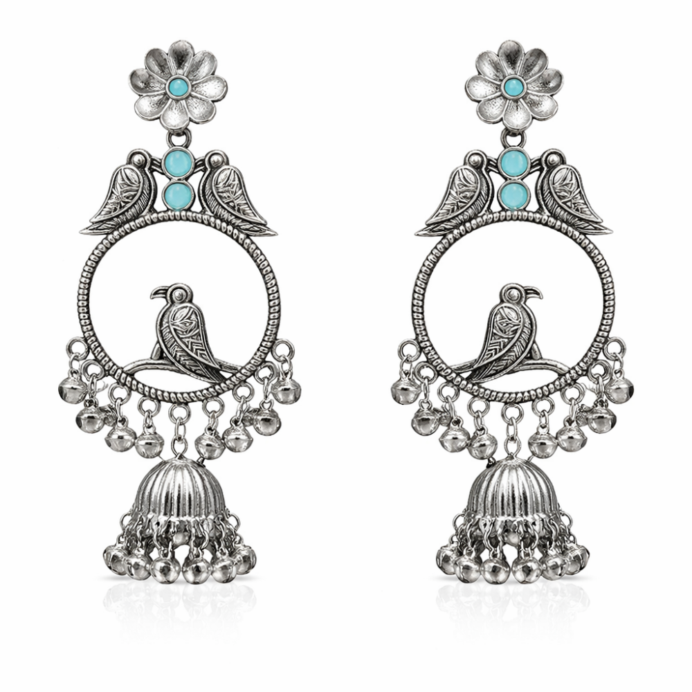 Anukriti- Oxidised Bird Motif Jhumka Earrings with Blue Stone