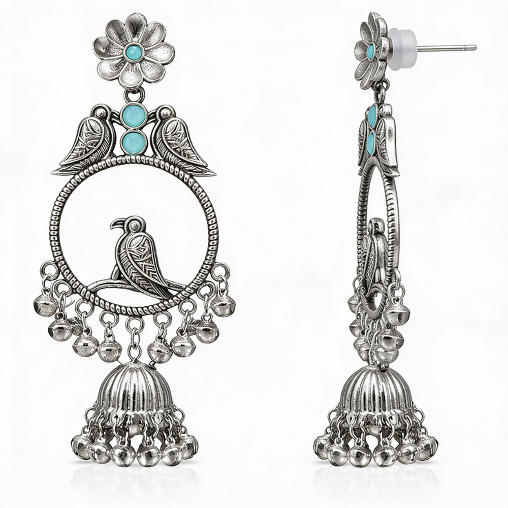 Anukriti- Oxidised Bird Motif Jhumka Earrings with Blue Stone