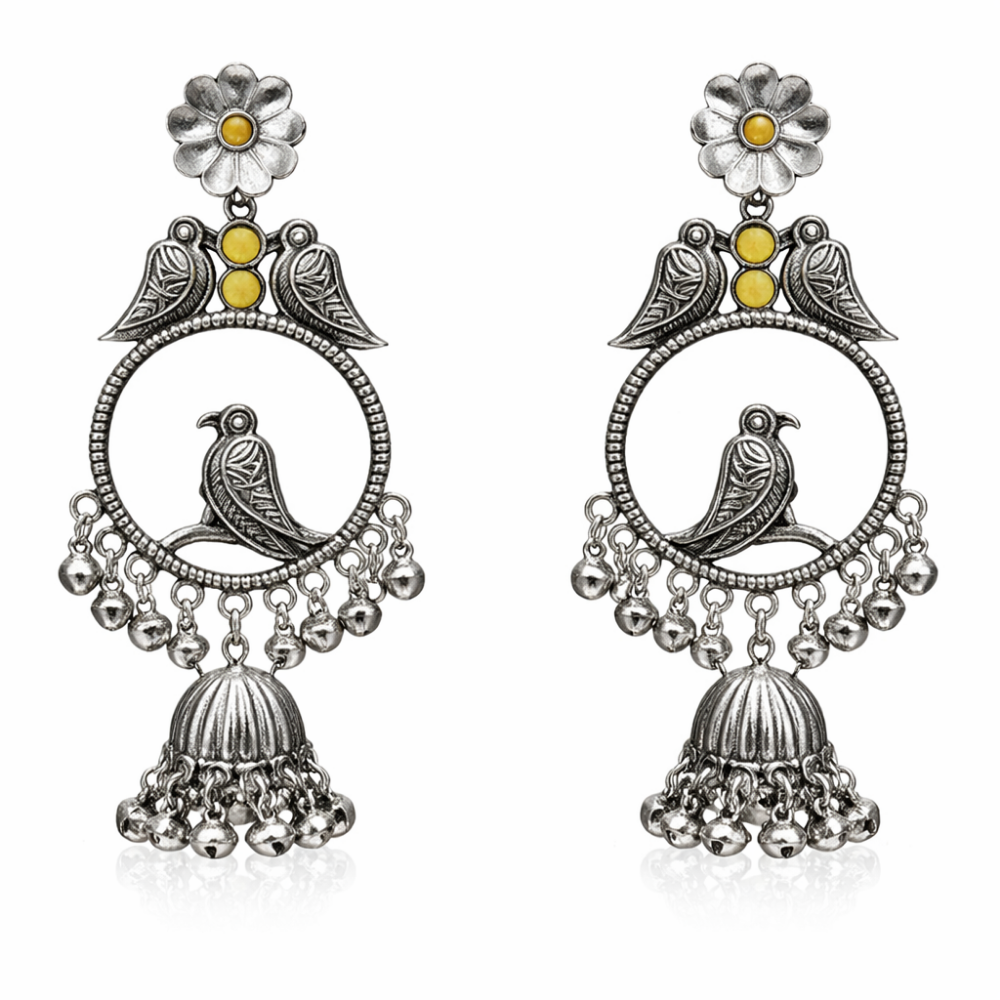 Anukriti- Oxidised Bird Motif Jhumka Earrings with Yellow Stone