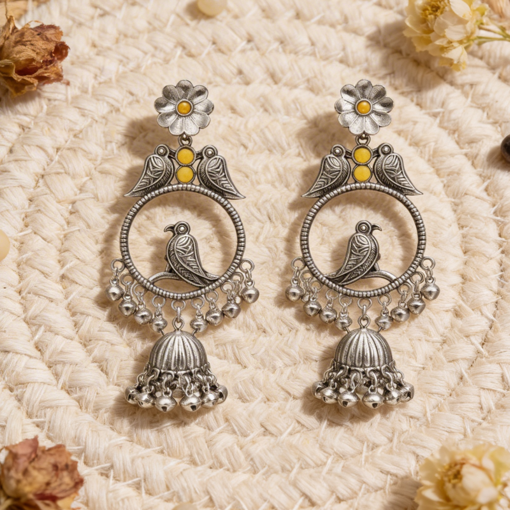 Anukriti- Oxidised Bird Motif Jhumka Earrings with Yellow Stone