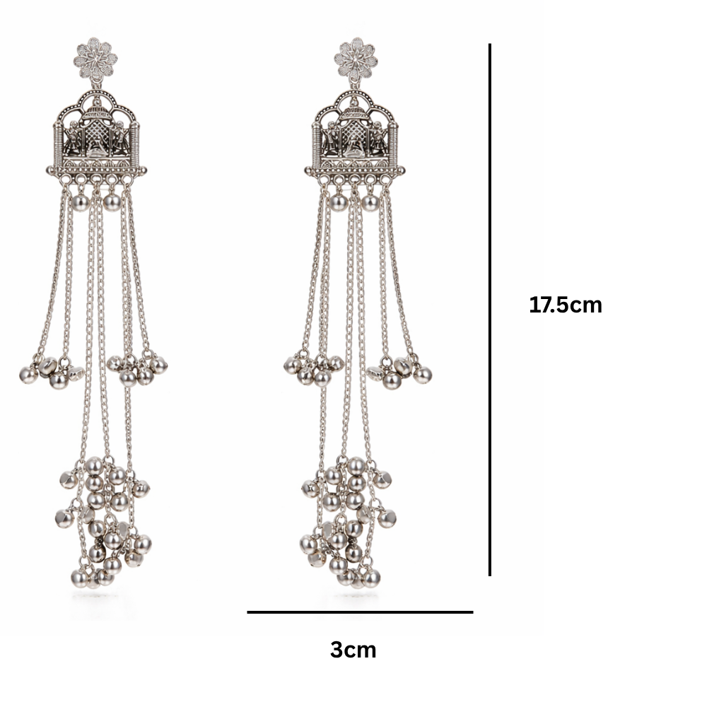 Elegant Oxidised GhunghrooTemple Design Long Earrings