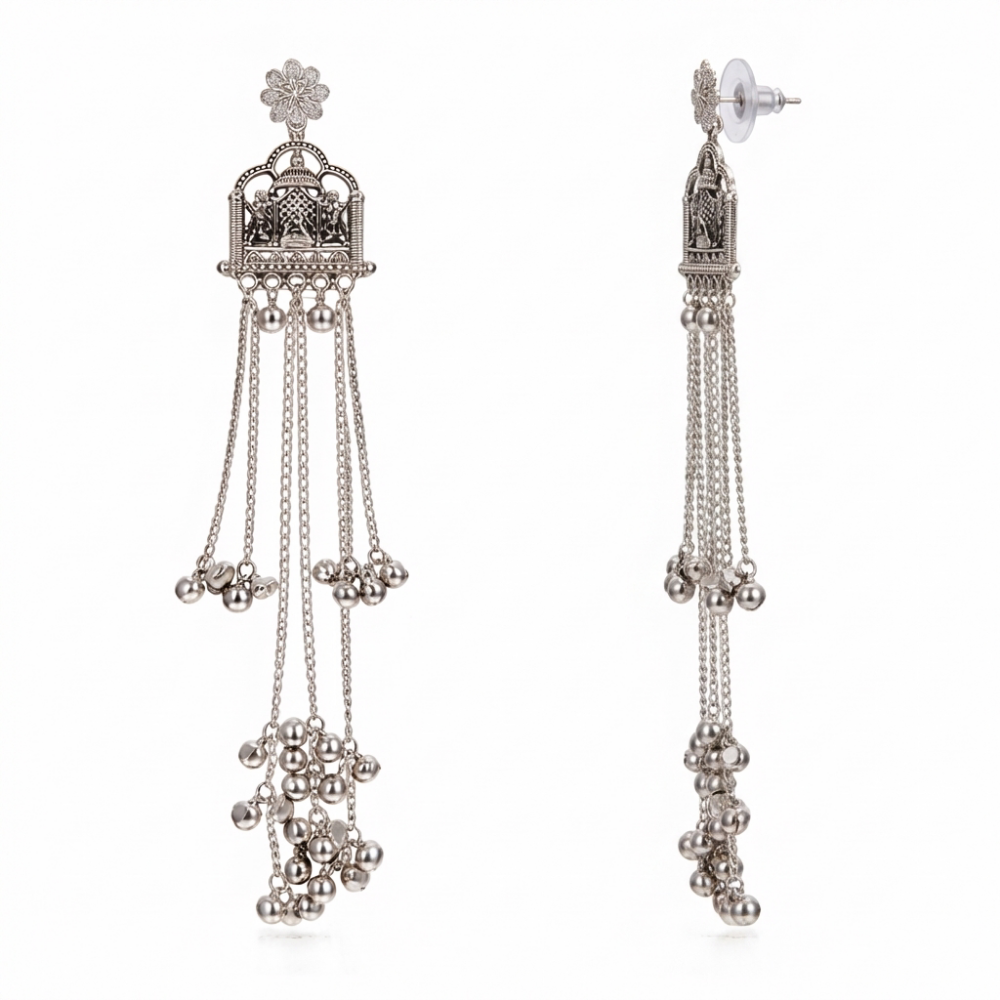 Elegant Oxidised GhunghrooTemple Design Long Earrings