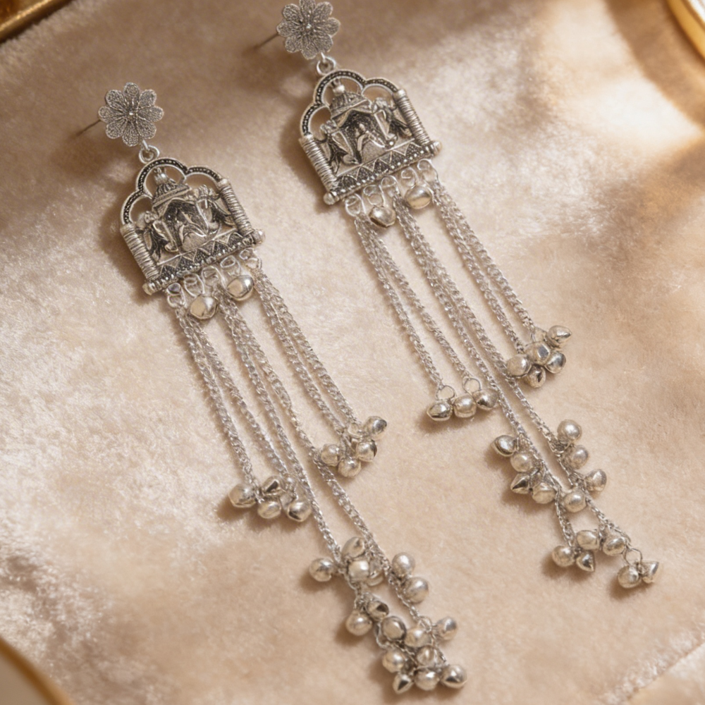 Elegant Oxidised GhunghrooTemple Design Long Earrings