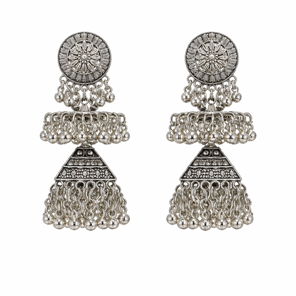 Chandrima- Oxidized Layered Jhumka Earrings