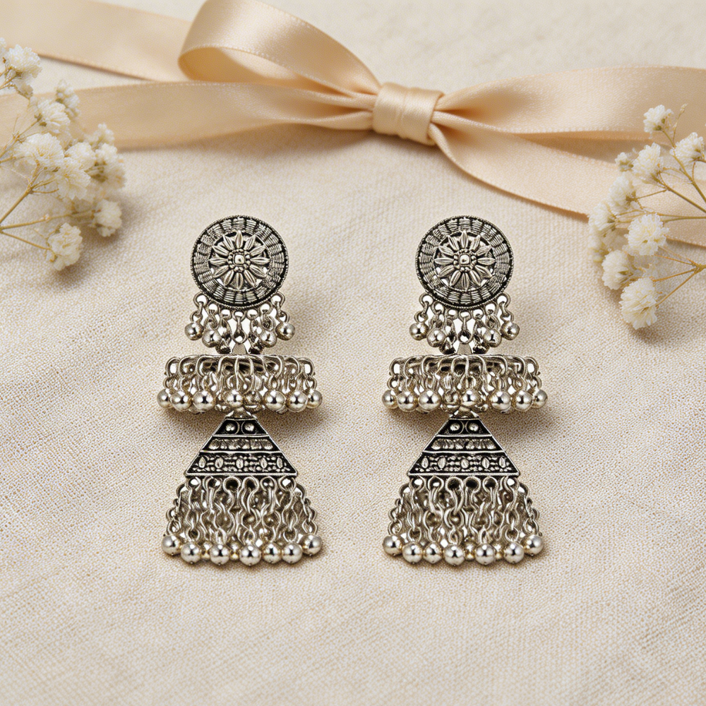 Chandrima- Oxidized Layered Jhumka Earrings