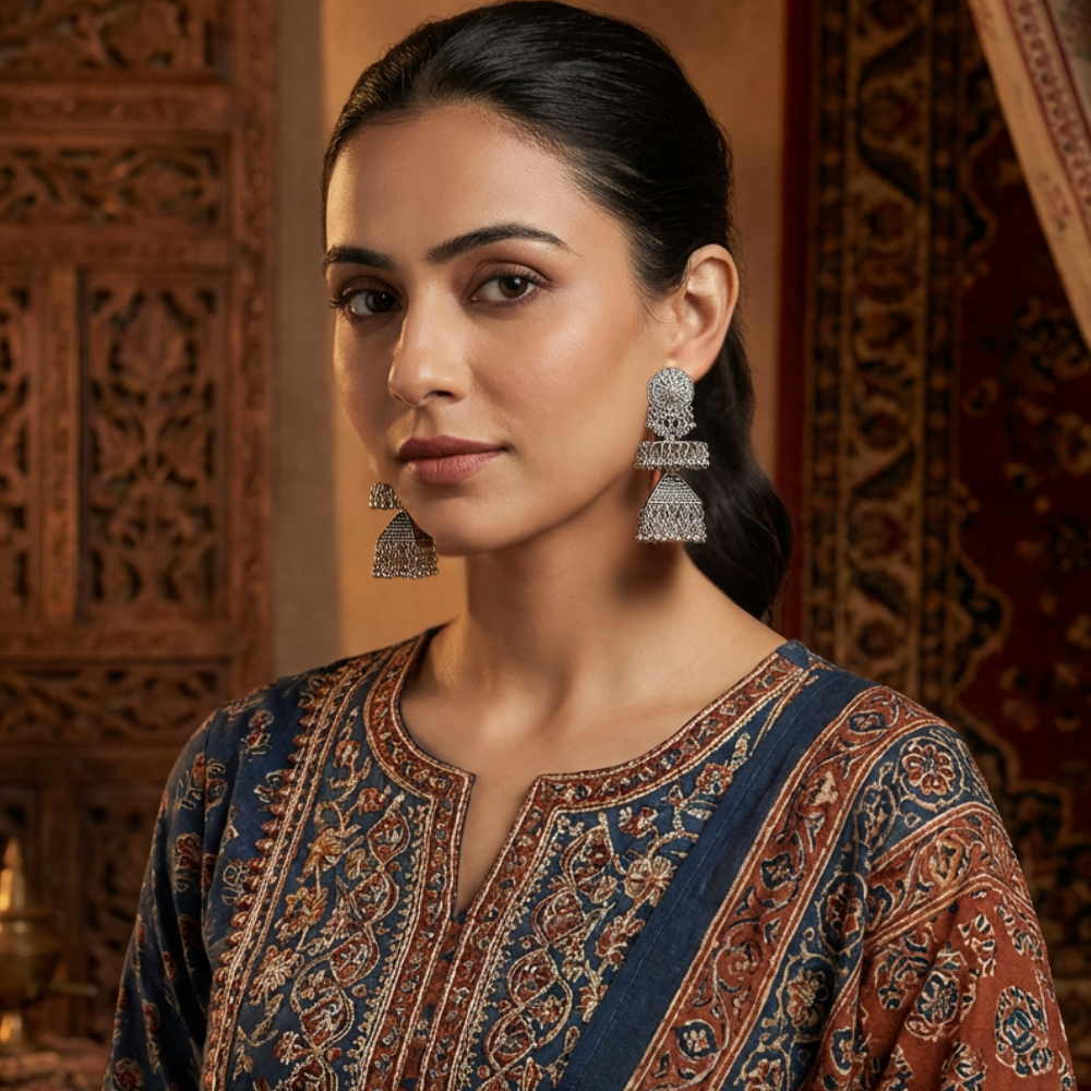 Chandrima- Oxidized Layered Jhumka Earrings