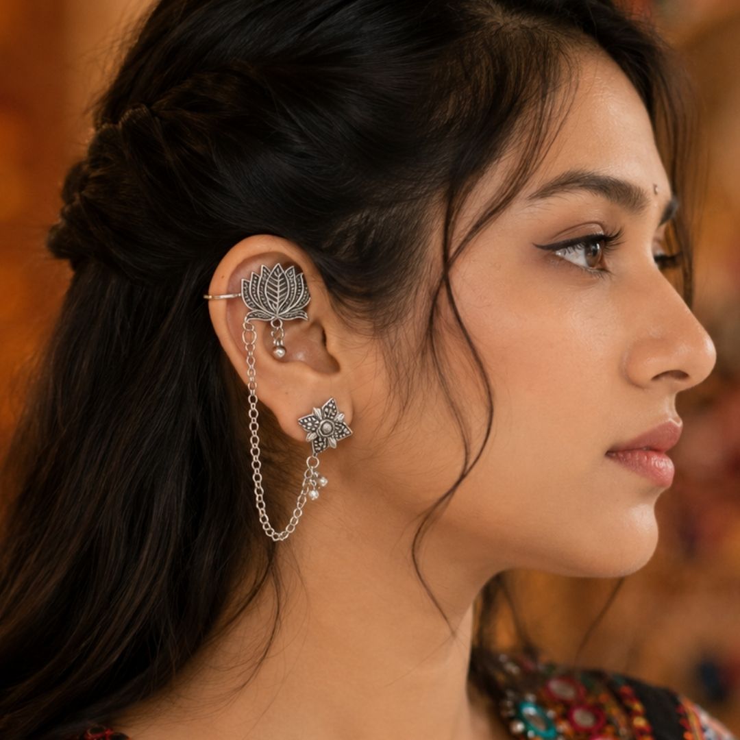 Selvi- Oxidised Silver Lotus Ear Chain Earrings with chain