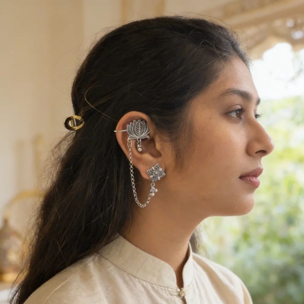 Selvi- Oxidised Silver Lotus Ear Chain Earrings with chain