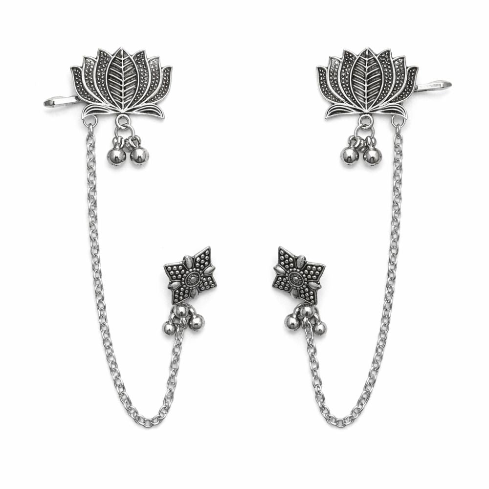 Selvi- Oxidised Silver Lotus Ear Chain Earrings with chain