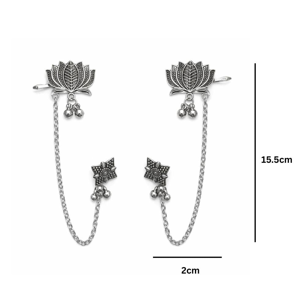 Selvi- Oxidised Silver Lotus Ear Chain Earrings with chain