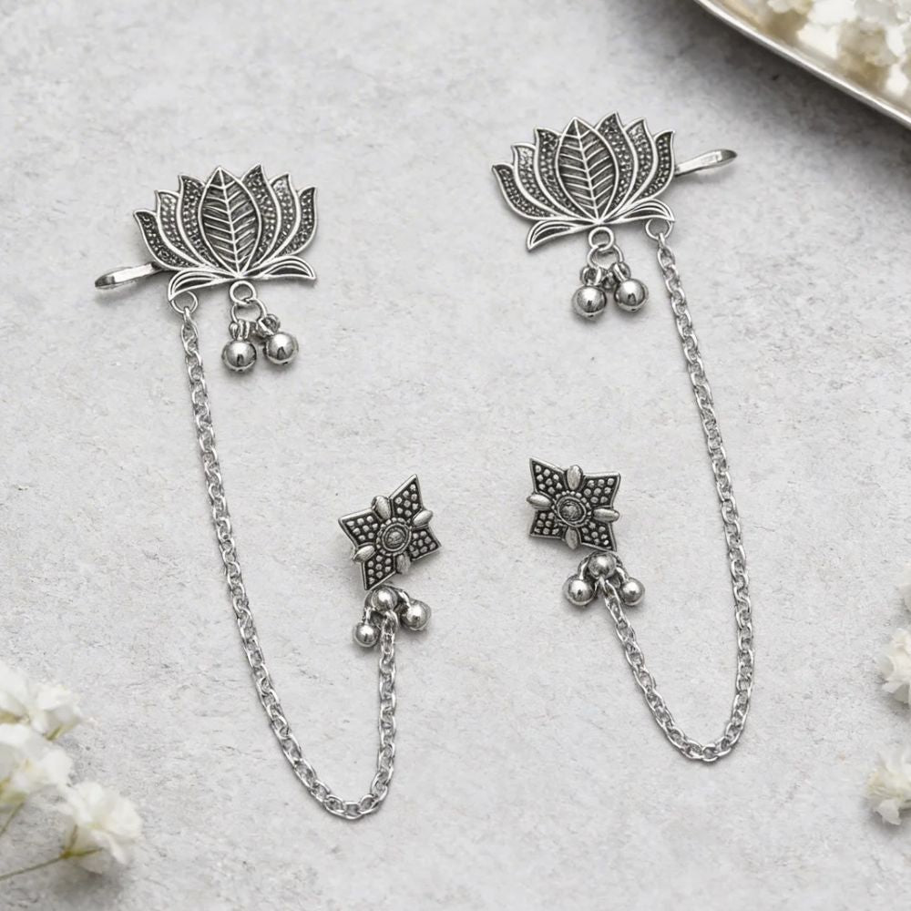 Selvi- Oxidised Silver Lotus Ear Chain Earrings with chain