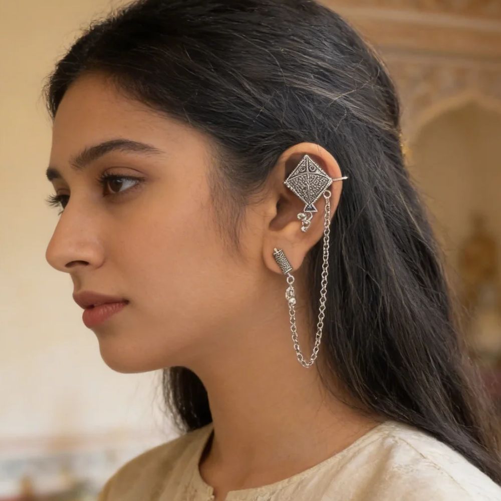 Navika- Oxidised Silver Kite Motif Ear Chain Earrings