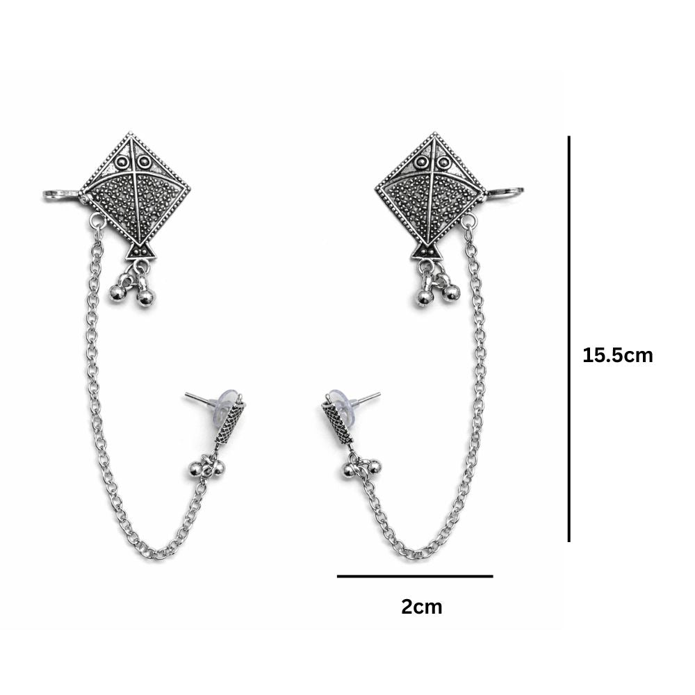 Navika- Oxidised Silver Kite Motif Ear Chain Earrings