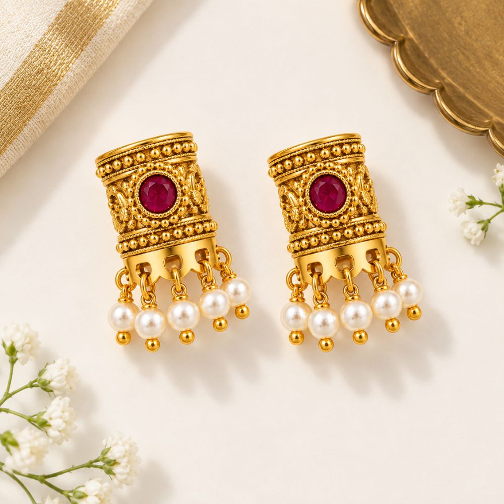 Saarika- Pink Stone Pearl Drop Bugadi