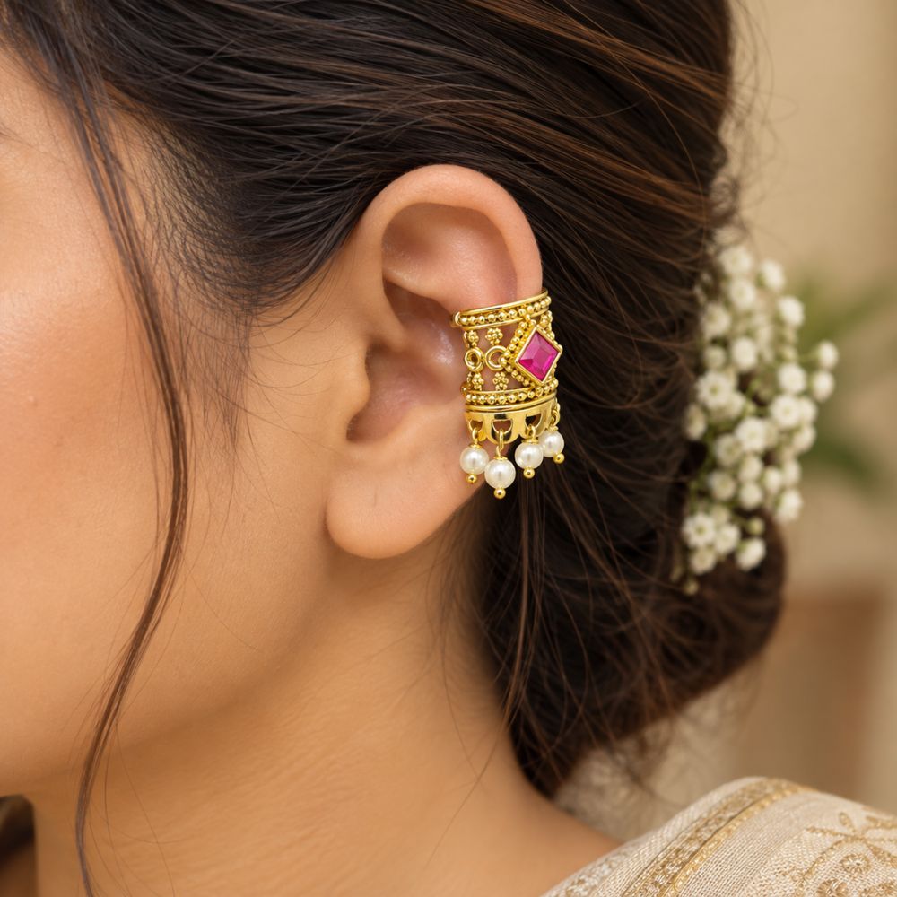 Taarika-  Pink Stone Pearl Drop Bugadi