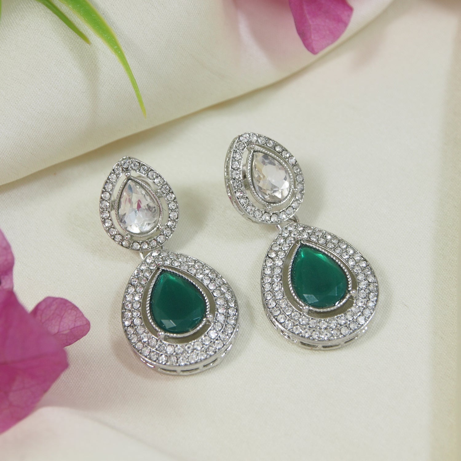 Eknoor Silver Green Earrings