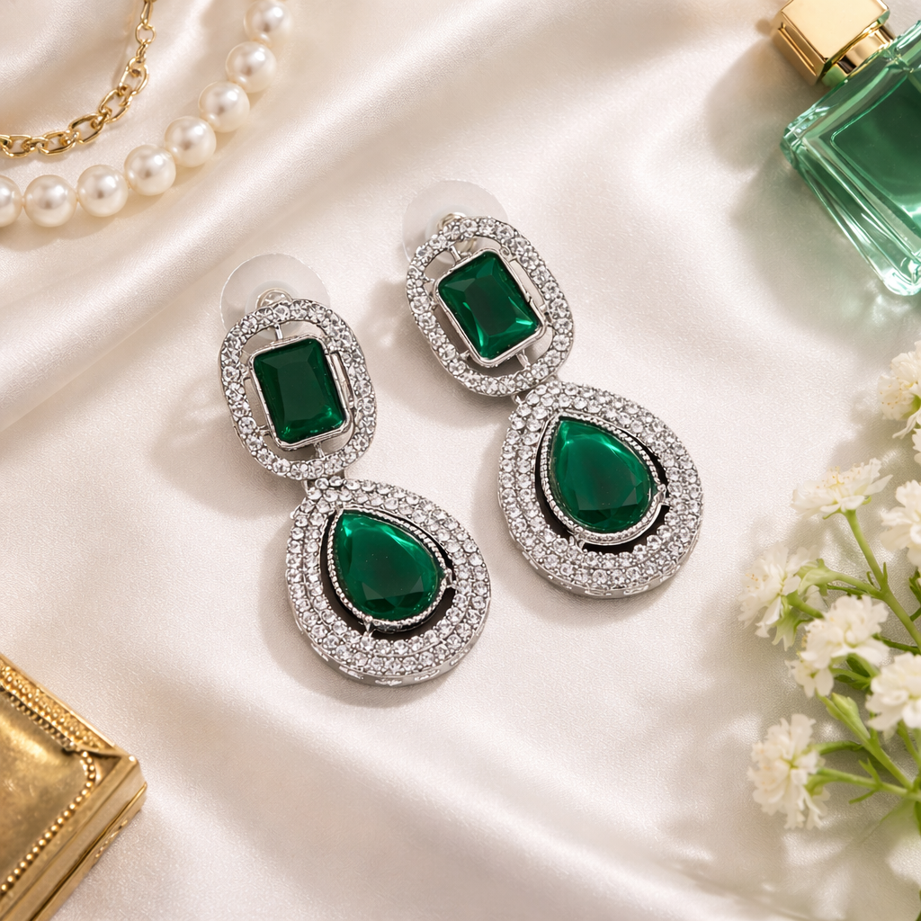 Viyana Silver Green Earrings