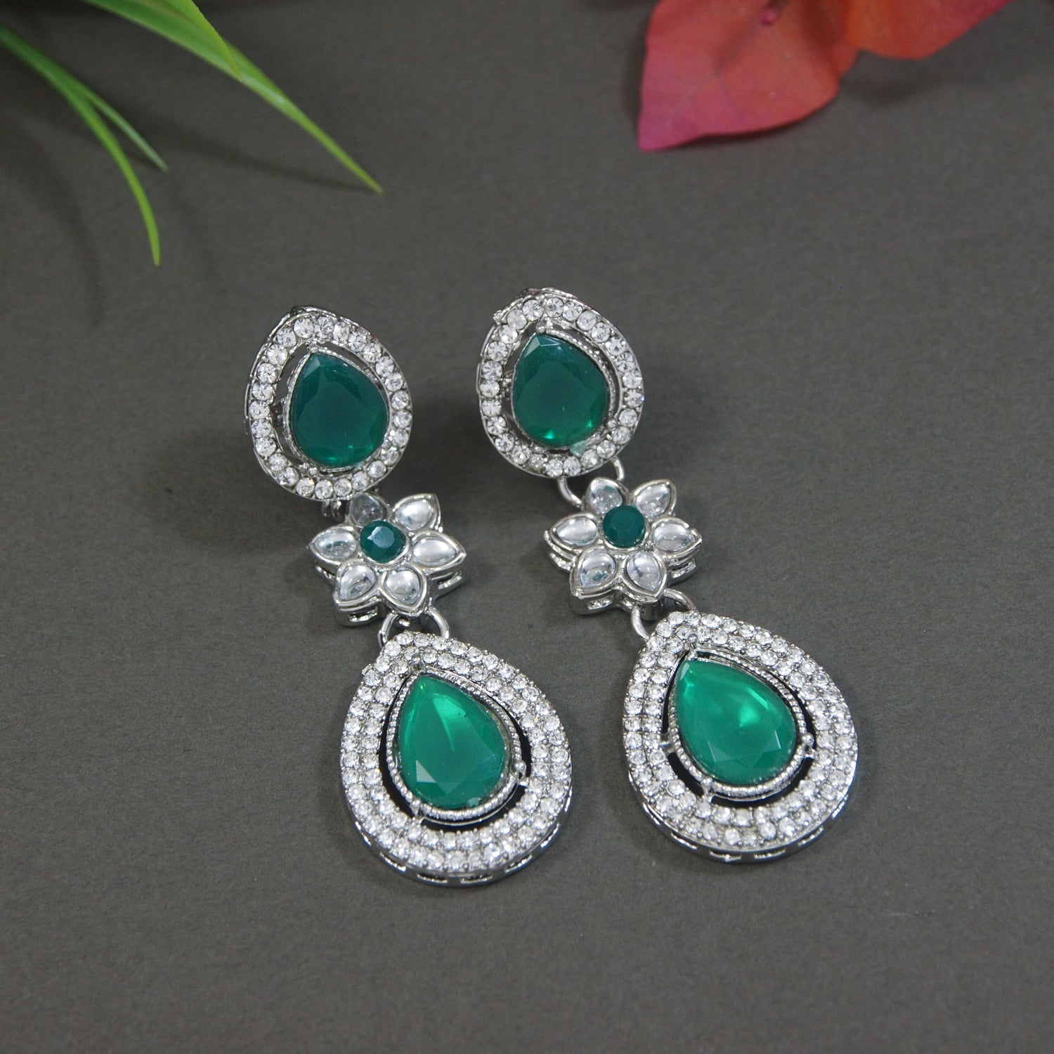 Anmol Silver Green Earrings