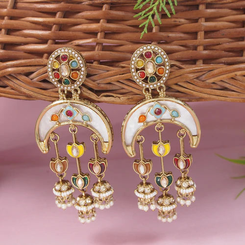 Moon Crescent Kundan Earrings with Multi-Beaded Pearl Ear Chains (Earring + Earchain Combo)