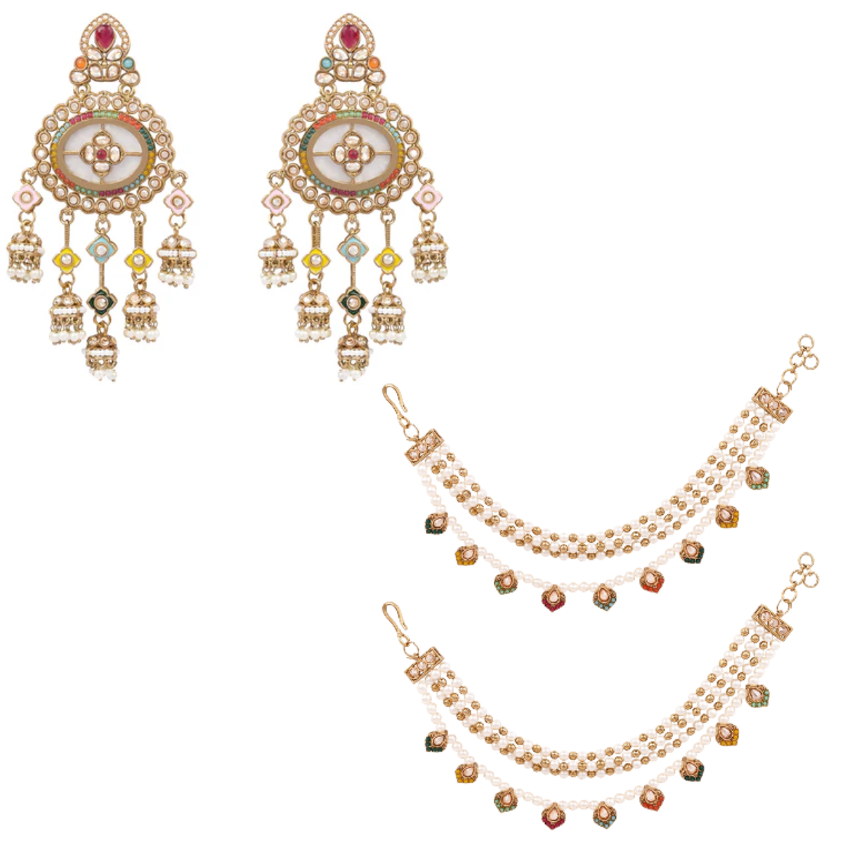 Round Kundan Meenakari Earrings with Pearl Layered Detachable Ear Chains  (Earring + Earchain Combo)