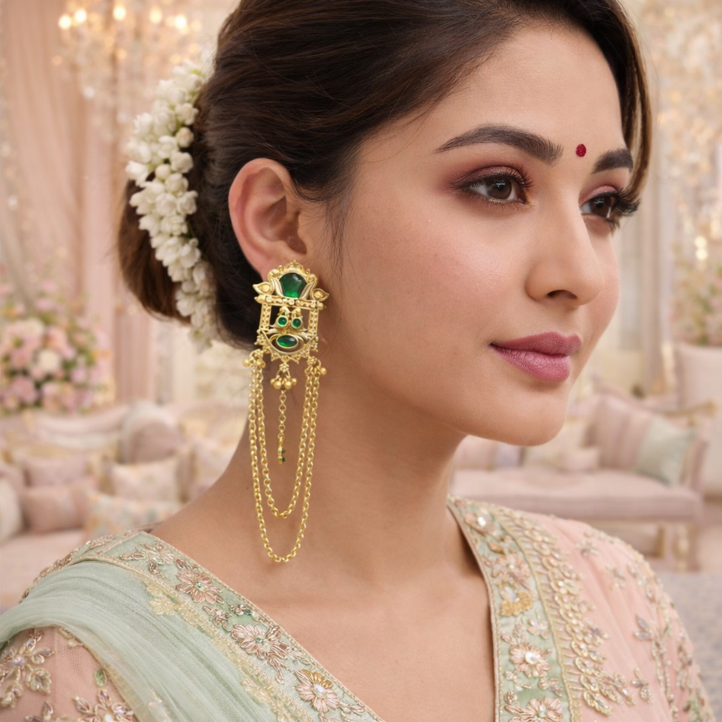 Rajeshwari- Royal Green Stone Gold-Plated Temple Earrings